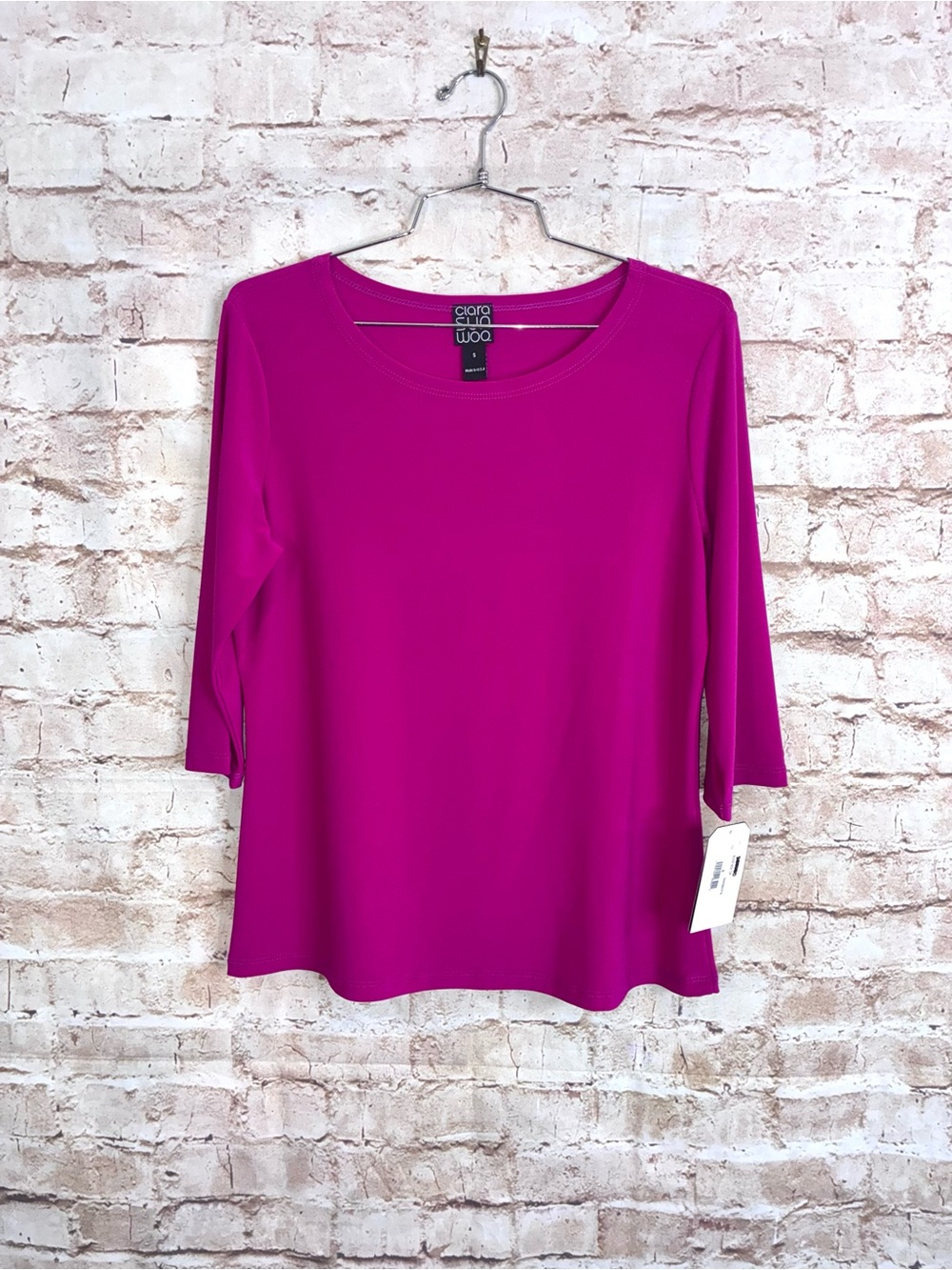 Clara Sun Woo Scoop Neck 3/4 Sleeve Jersey Knit Top in Magenta Size Small NEW